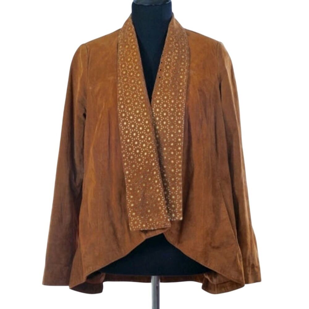 NWT Iman Women Medium Caramel Brown Suede Perforated Lapel Drapey Leather Jacket